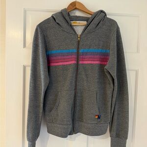 Aviator Nation 5 stripe hoodie sz L, grey with blue to pink gradient stripes